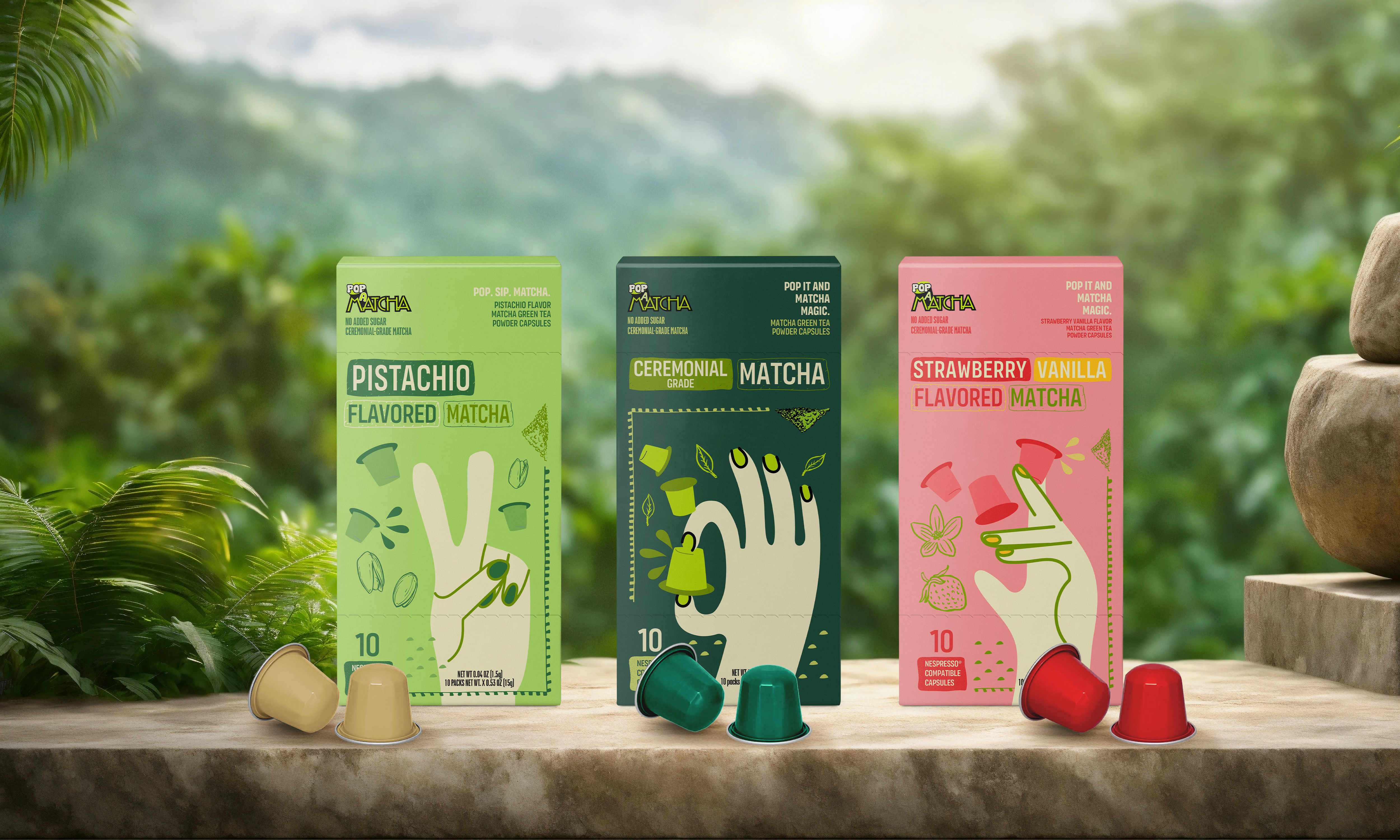 Pistachio, Ceremonial Matcha, and Strawberry Vanilla Pop Matcha boxes with their capsules in a lush green setting